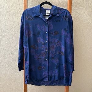 Vintage Laura Ashley 100% silk deep blue Floral Button-Up Shirt